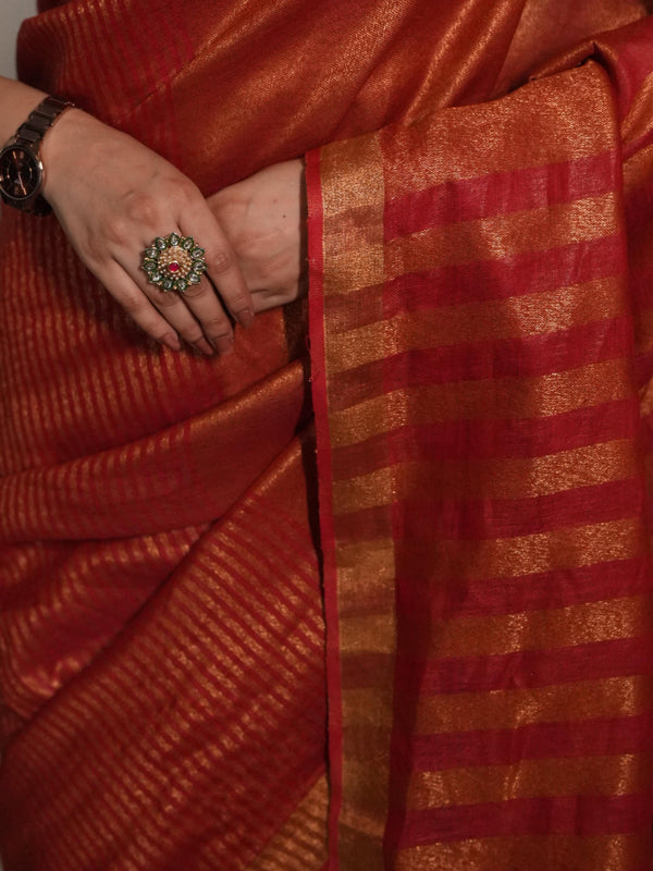 Bhagalpur Handloom Pure Linen Cotton Saree With Zari Design-Red