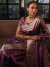 Banarasee Handwoven Plain Tissue Saree With Zari Border-Plum
