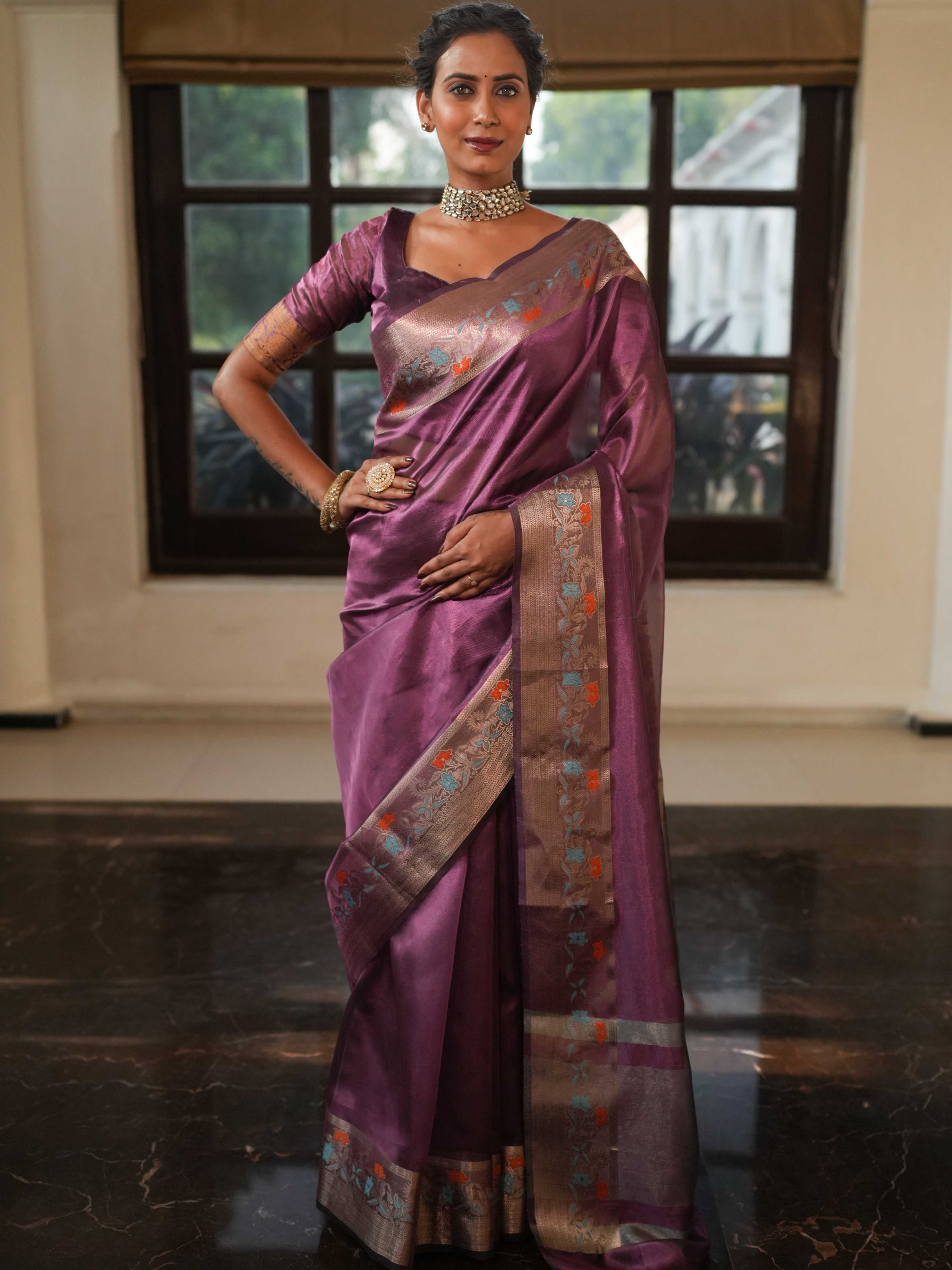 Banarasee Handwoven Plain Tissue Saree With Zari Border-Plum