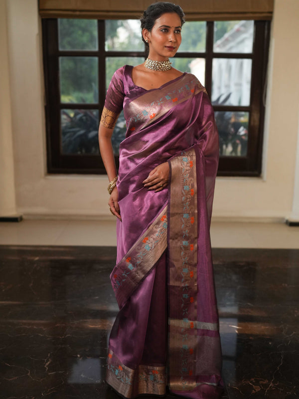 Banarasee Handwoven Plain Tissue Saree With Zari Border-Plum