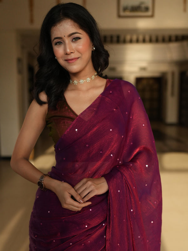Banarasee Dual Shaded Chiffon Saree With Mirror Work-Maroon
