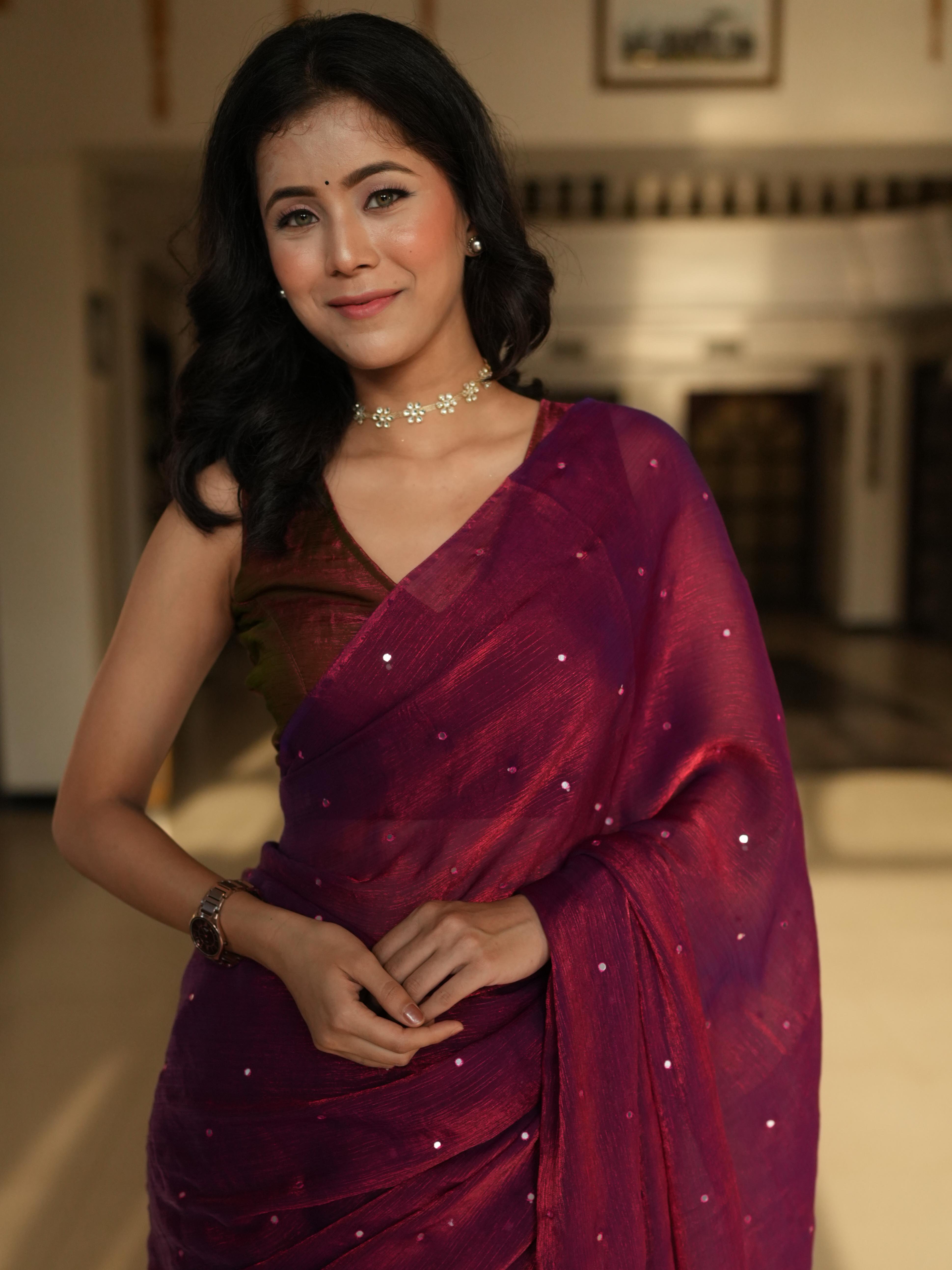 Banarasee Dual Shaded Chiffon Saree With Mirror Work-Maroon