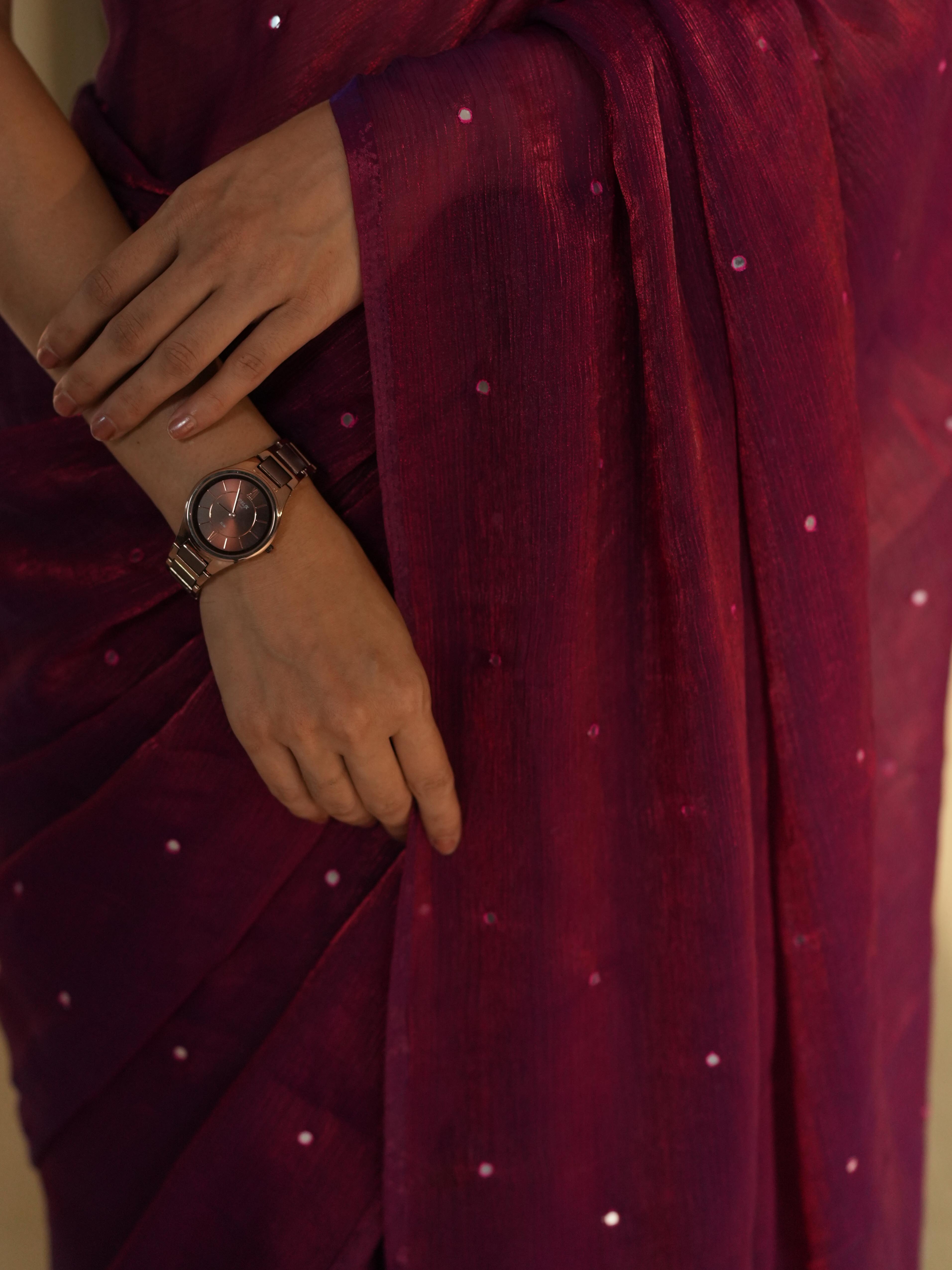 Banarasee Dual Shaded Chiffon Saree With Mirror Work-Maroon