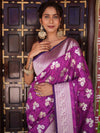 Banarasee Handwoven Semi-Katan Tanchoi Weaving With Zari Buti & Border Saree-Violet