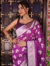 Banarasee Handwoven Semi-Katan Tanchoi Weaving With Zari Buti & Border Saree-Violet