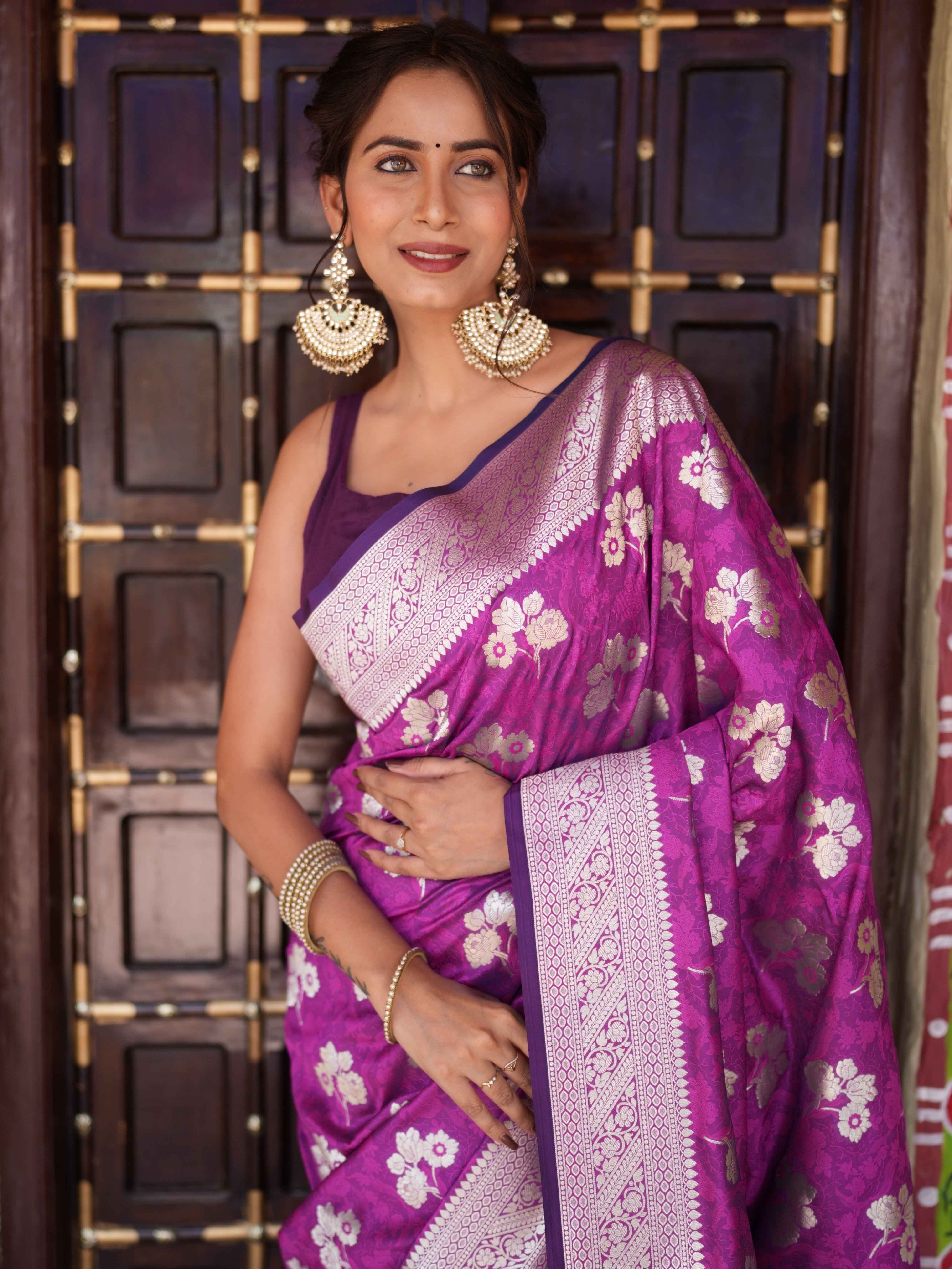 Banarasee Handwoven Semi-Katan Tanchoi Weaving With Zari Buti & Border Saree-Violet