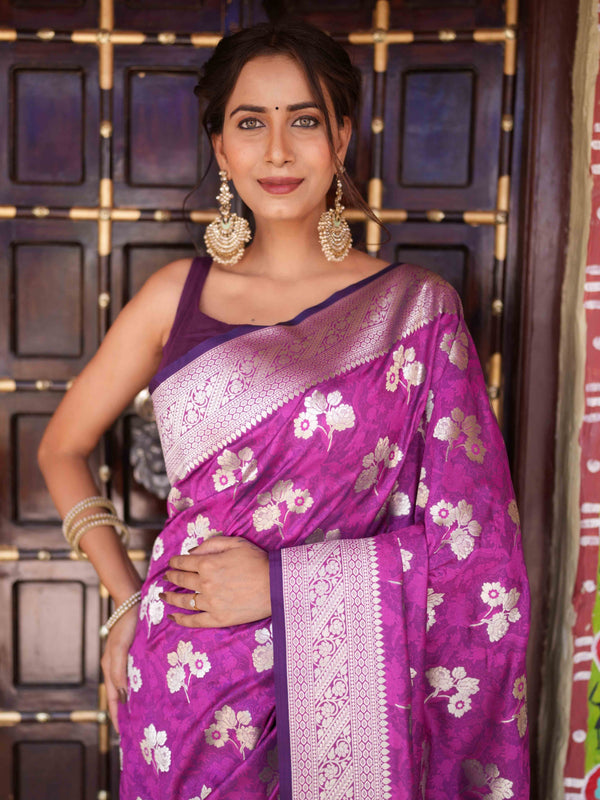 Banarasee Handwoven Semi-Katan Tanchoi Weaving With Zari Buti & Border Saree-Violet