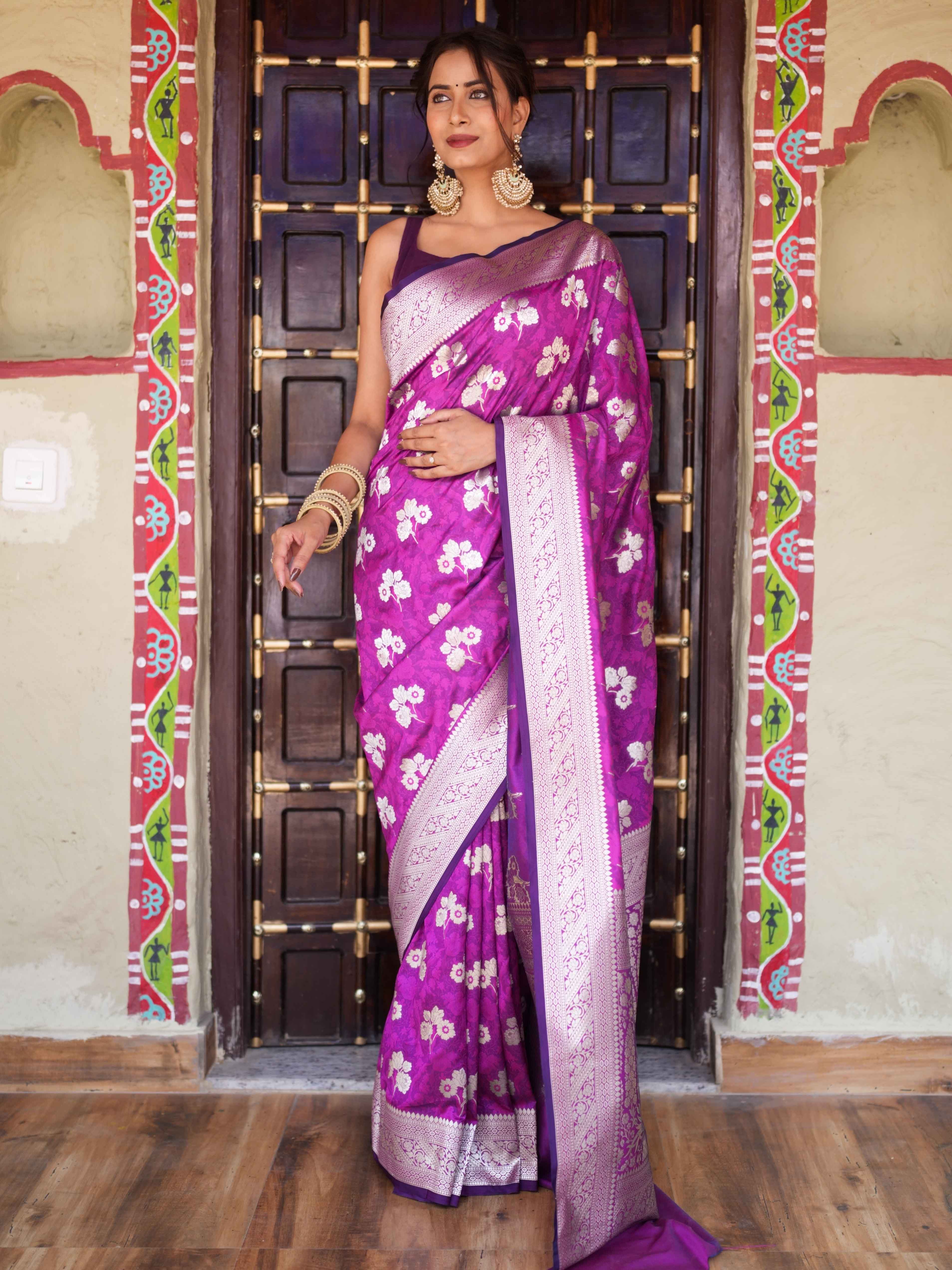 Banarasee Handwoven Semi-Katan Tanchoi Weaving With Zari Buti & Border Saree-Violet
