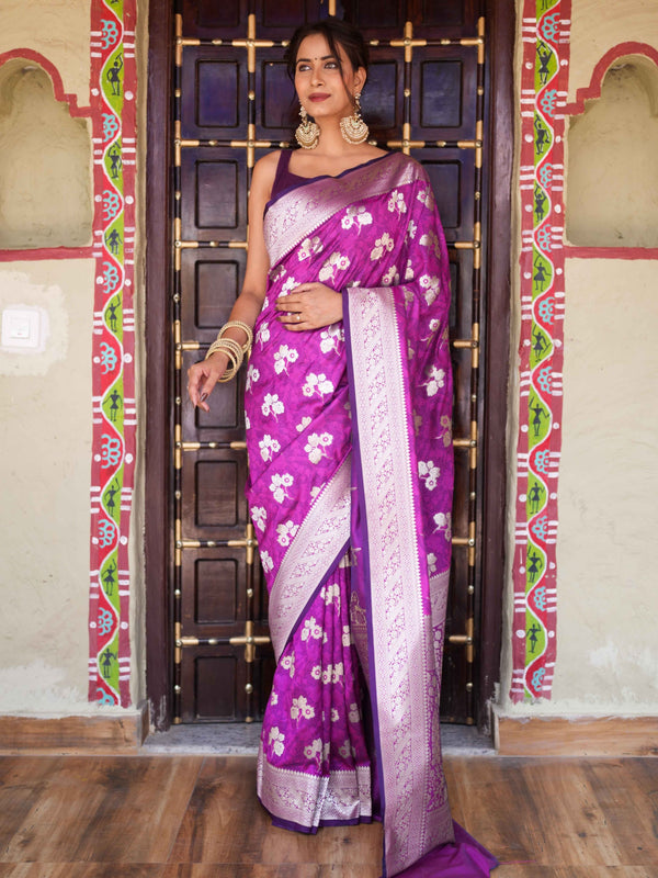 Banarasee Handwoven Semi-Katan Tanchoi Weaving With Zari Buti & Border Saree-Violet