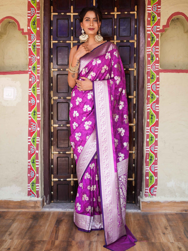 Banarasee Handwoven Semi-Katan Tanchoi Weaving With Zari Buti & Border Saree-Violet
