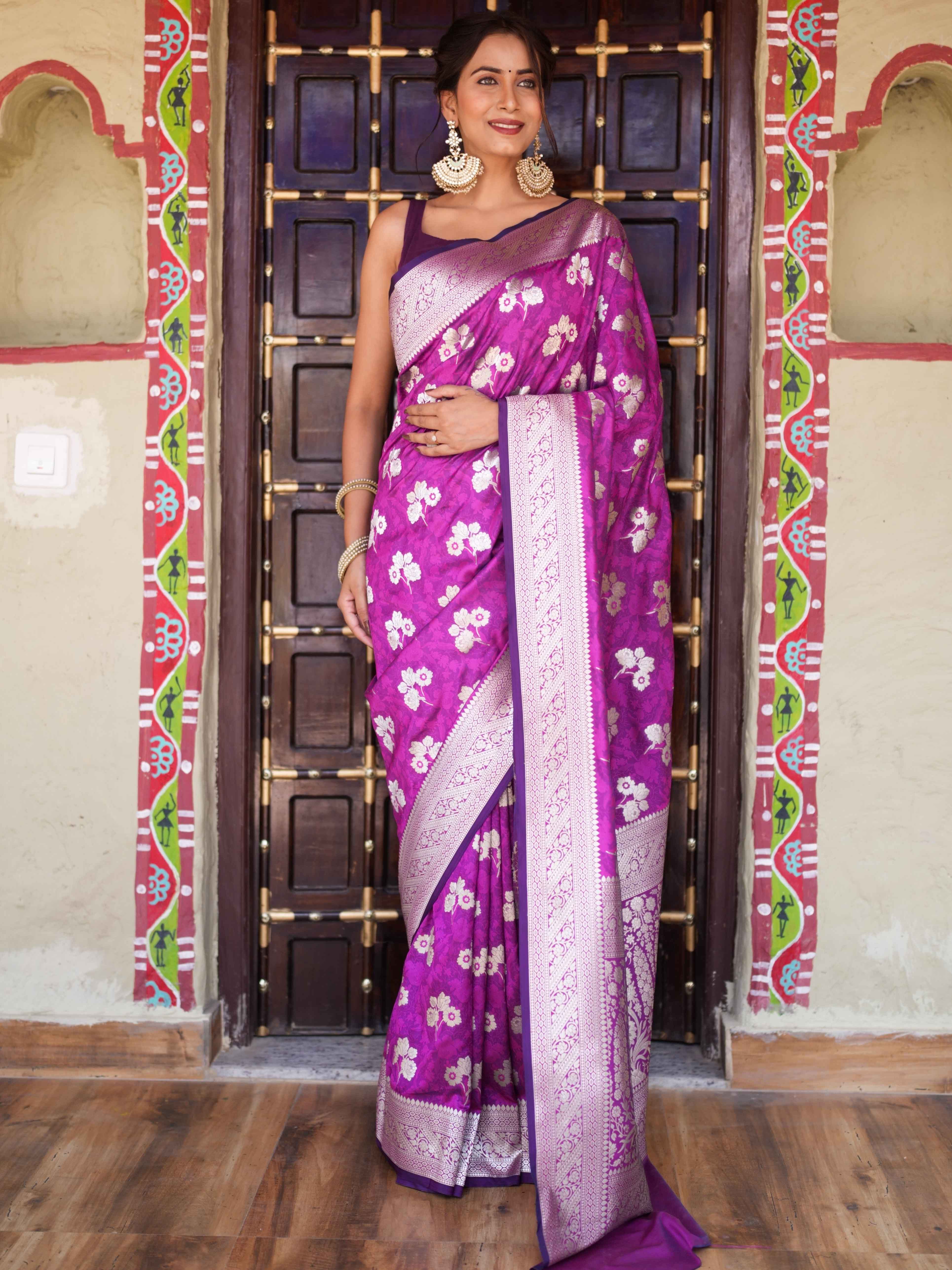 Banarasee Handwoven Semi-Katan Tanchoi Weaving With Zari Buti & Border Saree-Violet