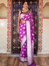 Banarasee Handwoven Semi-Katan Tanchoi Weaving With Zari Buti & Border Saree-Violet