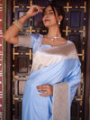 Banarasee Handwoven Semi Katan Plain Saree With Zari Border Design-Pastel Blue