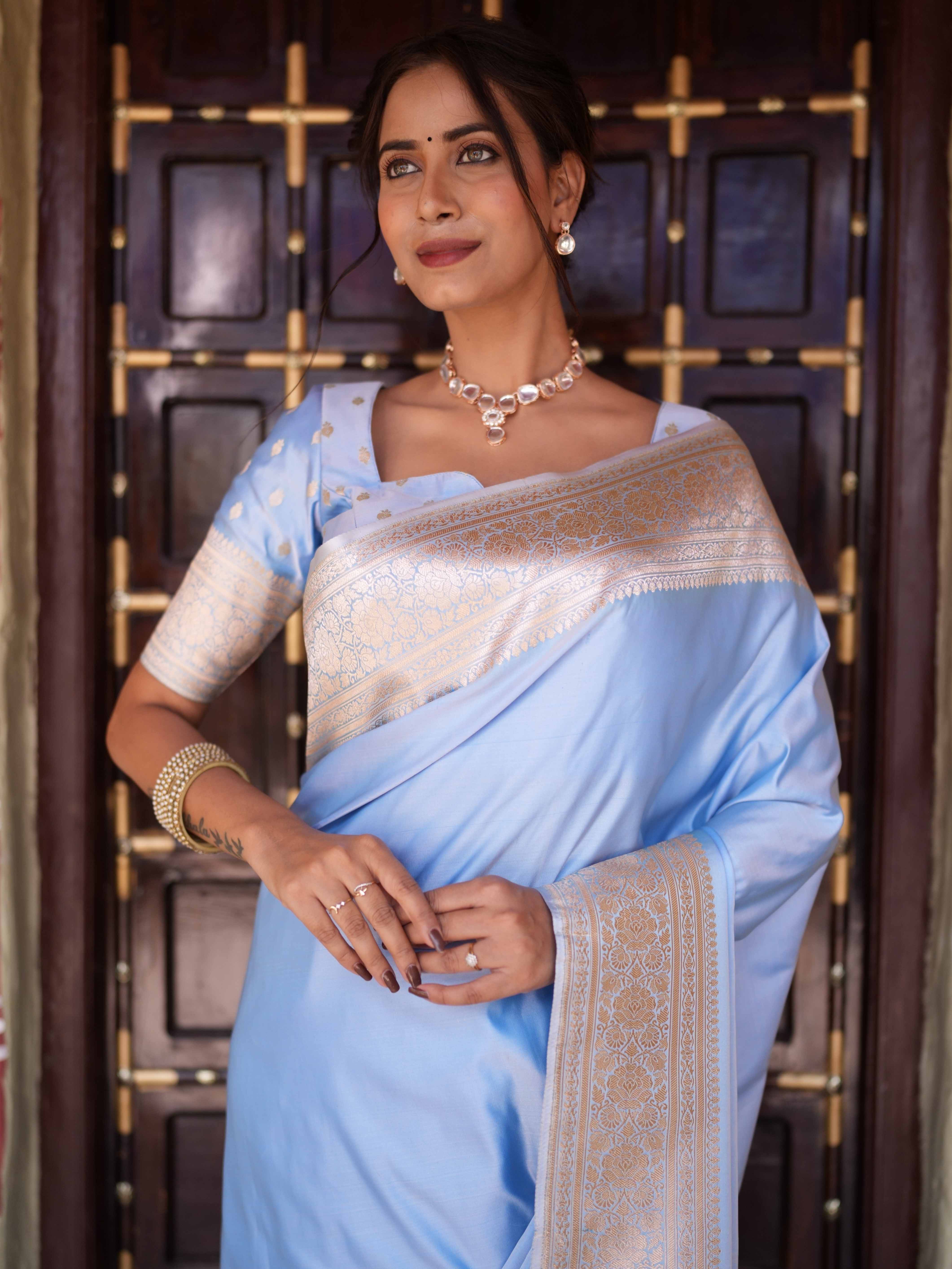 Banarasee Handwoven Semi Katan Plain Saree With Zari Border Design-Pastel Blue