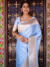 Banarasee Handwoven Semi Katan Plain Saree With Zari Border Design-Pastel Blue