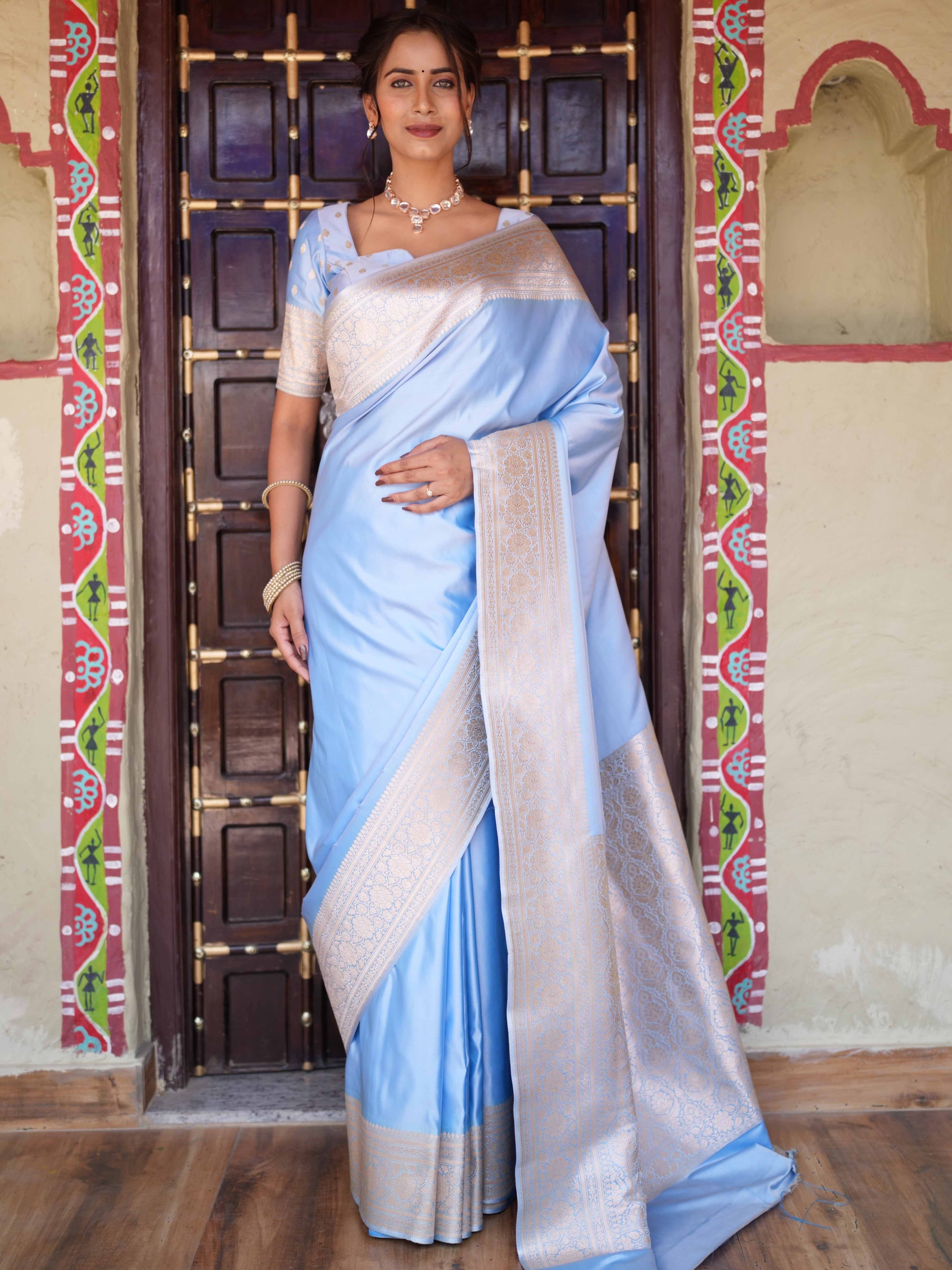 Banarasee Handwoven Semi Katan Plain Saree With Zari Border Design-Pastel Blue