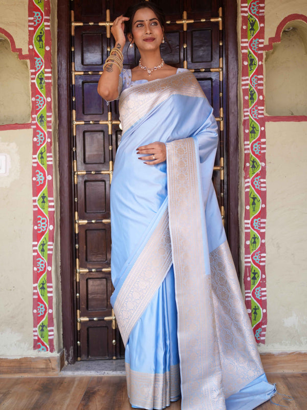 Banarasee Handwoven Semi Katan Plain Saree With Zari Border Design-Pastel Blue