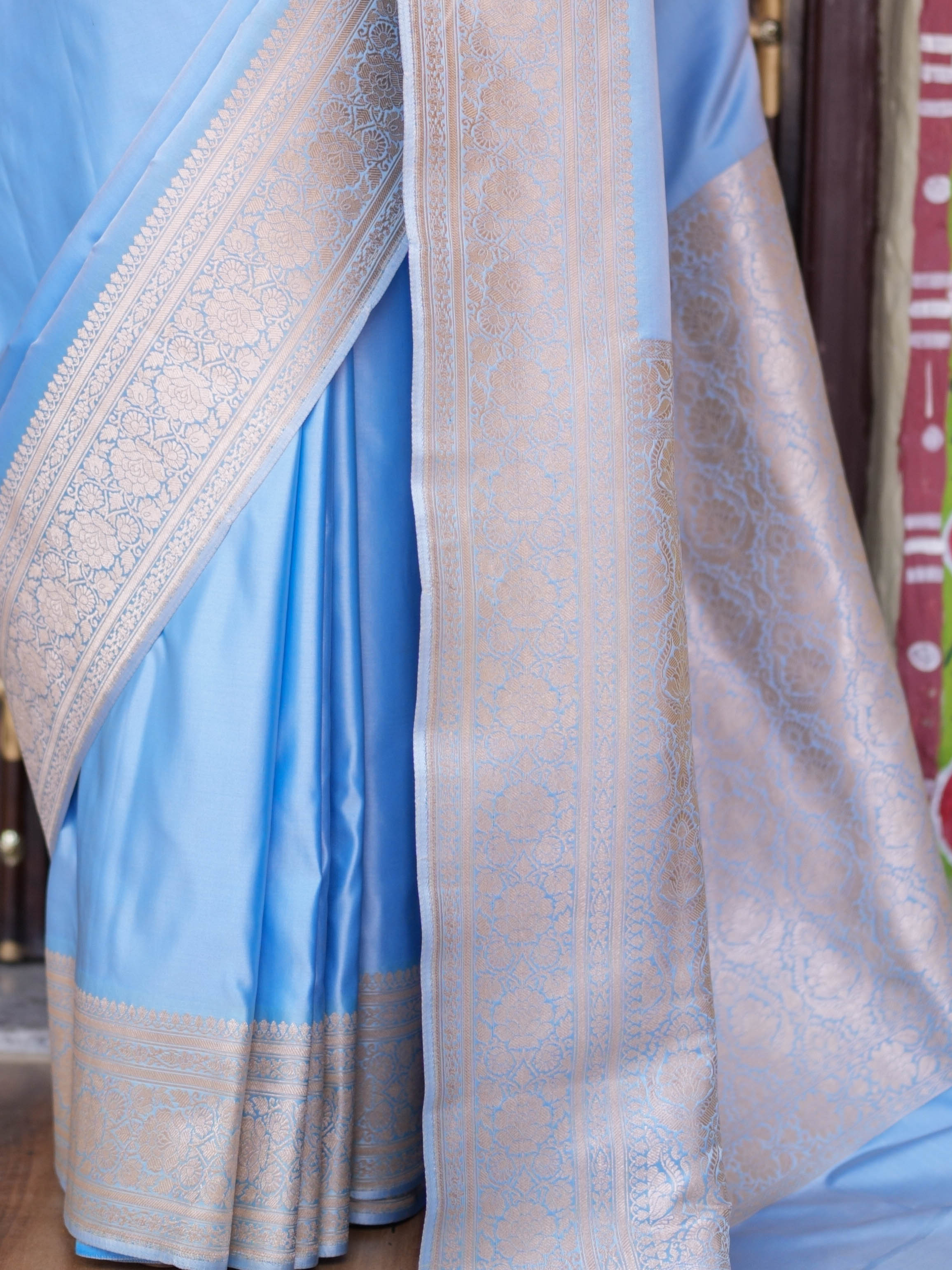 Banarasee Handwoven Semi Katan Plain Saree With Zari Border Design-Pastel Blue