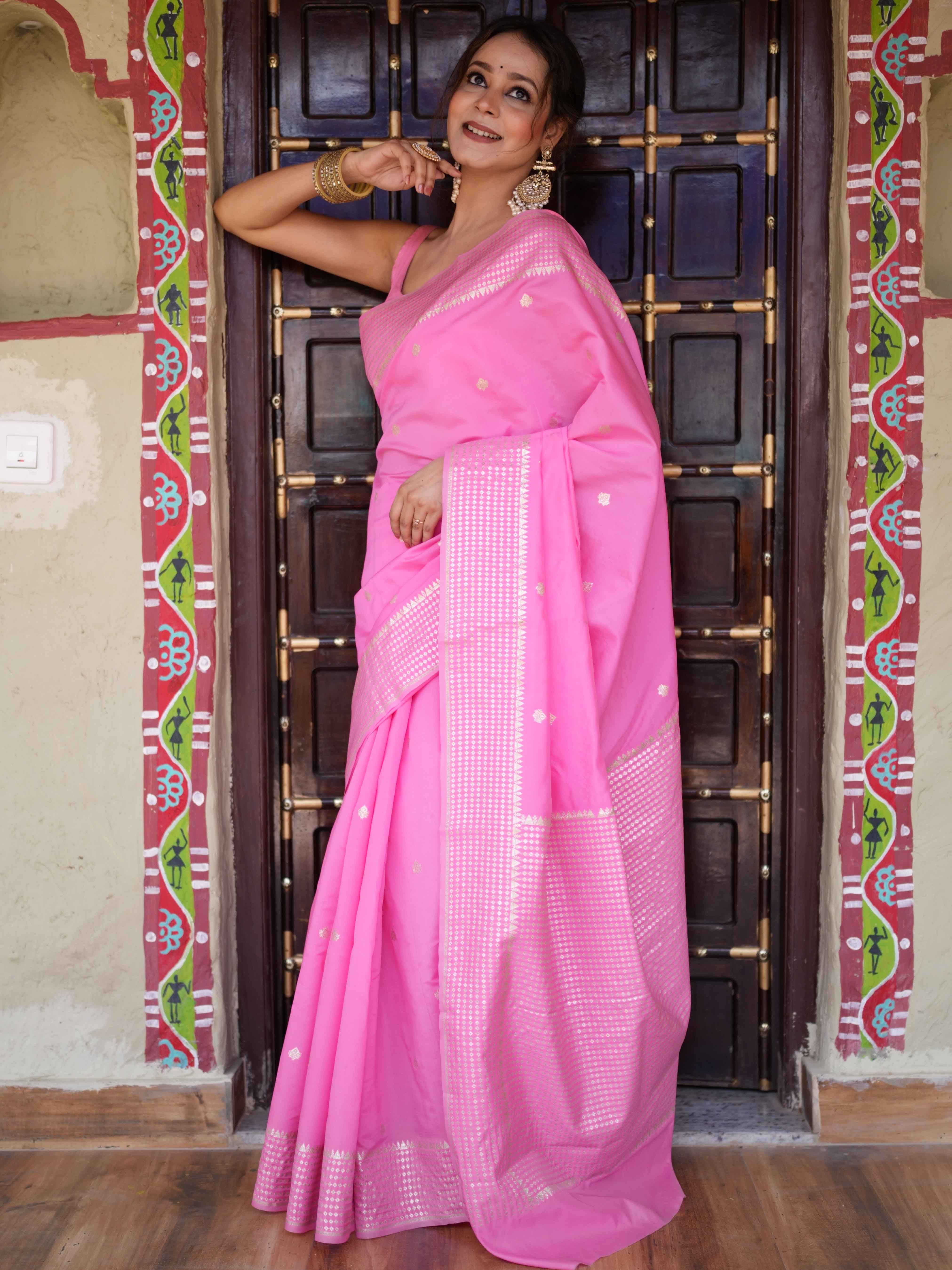 Banarasee Handwoven Cotton Silk Saree Zari Buti & Border-Pink