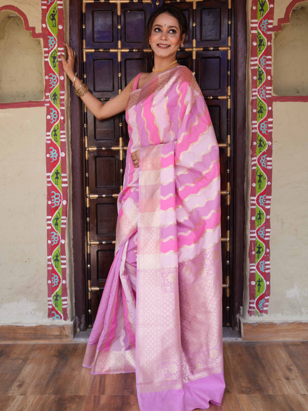 Banarasee Handwoven Semi Katan Saree With Rankat Design & Border-Pink