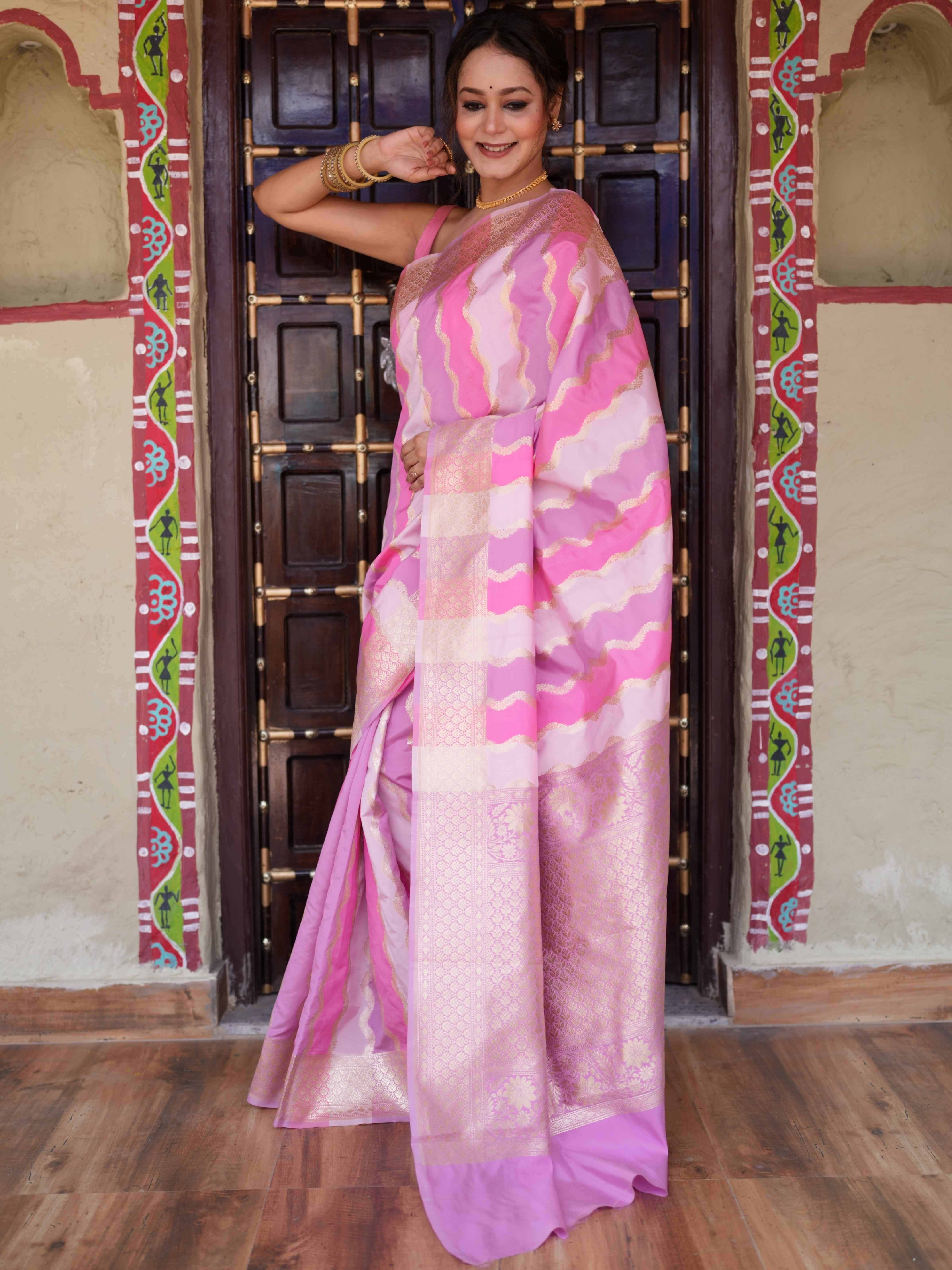 Banarasee Handwoven Semi Katan Saree With Rankat Design & Border-Pink