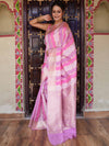 Banarasee Handwoven Semi Katan Saree With Rankat Design & Border-Pink