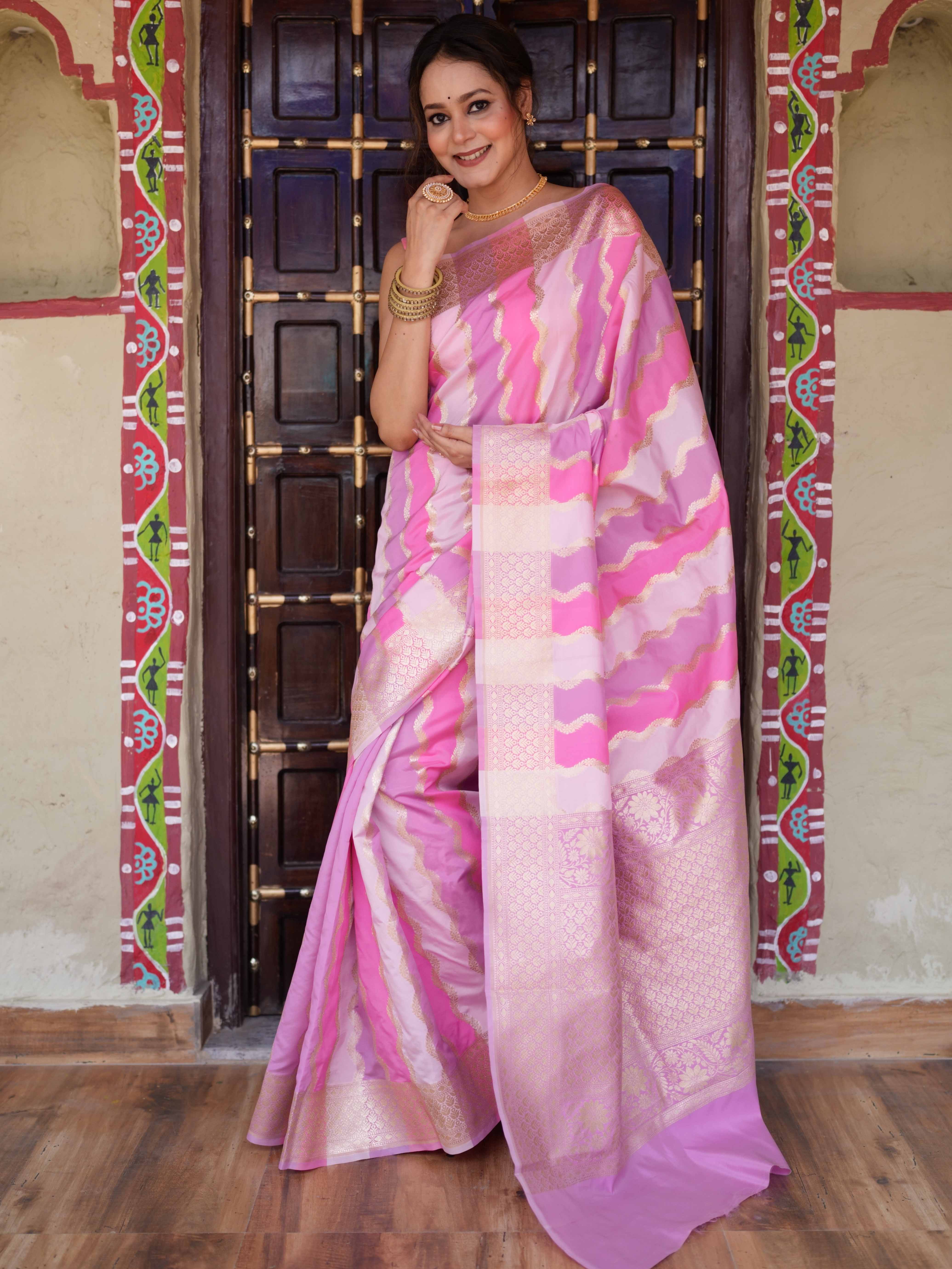 Banarasee Handwoven Semi Katan Saree With Rankat Design & Border-Pink