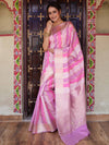 Banarasee Handwoven Semi Katan Saree With Rankat Design & Border-Pink