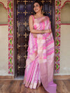 Banarasee Handwoven Semi Katan Saree With Rankat Design & Border-Pink