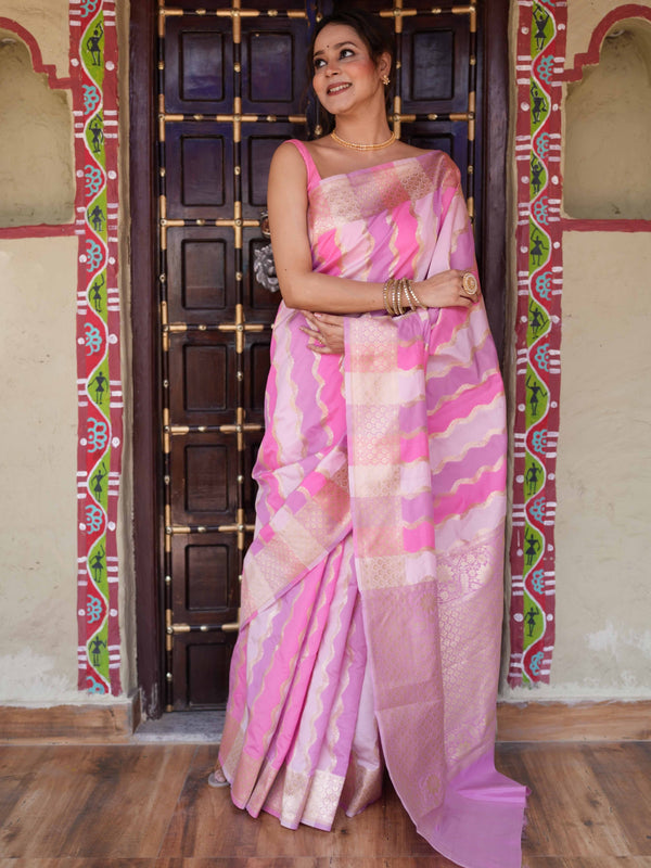 Banarasee Handwoven Semi Katan Saree With Rankat Design & Border-Pink