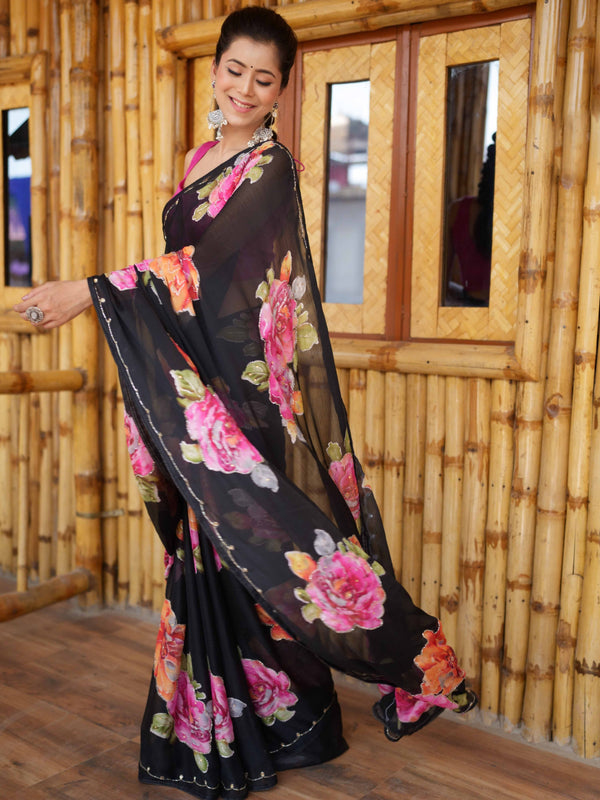 Banarasee Chiffon Saree With Handwork & Printed Floral Design-Black