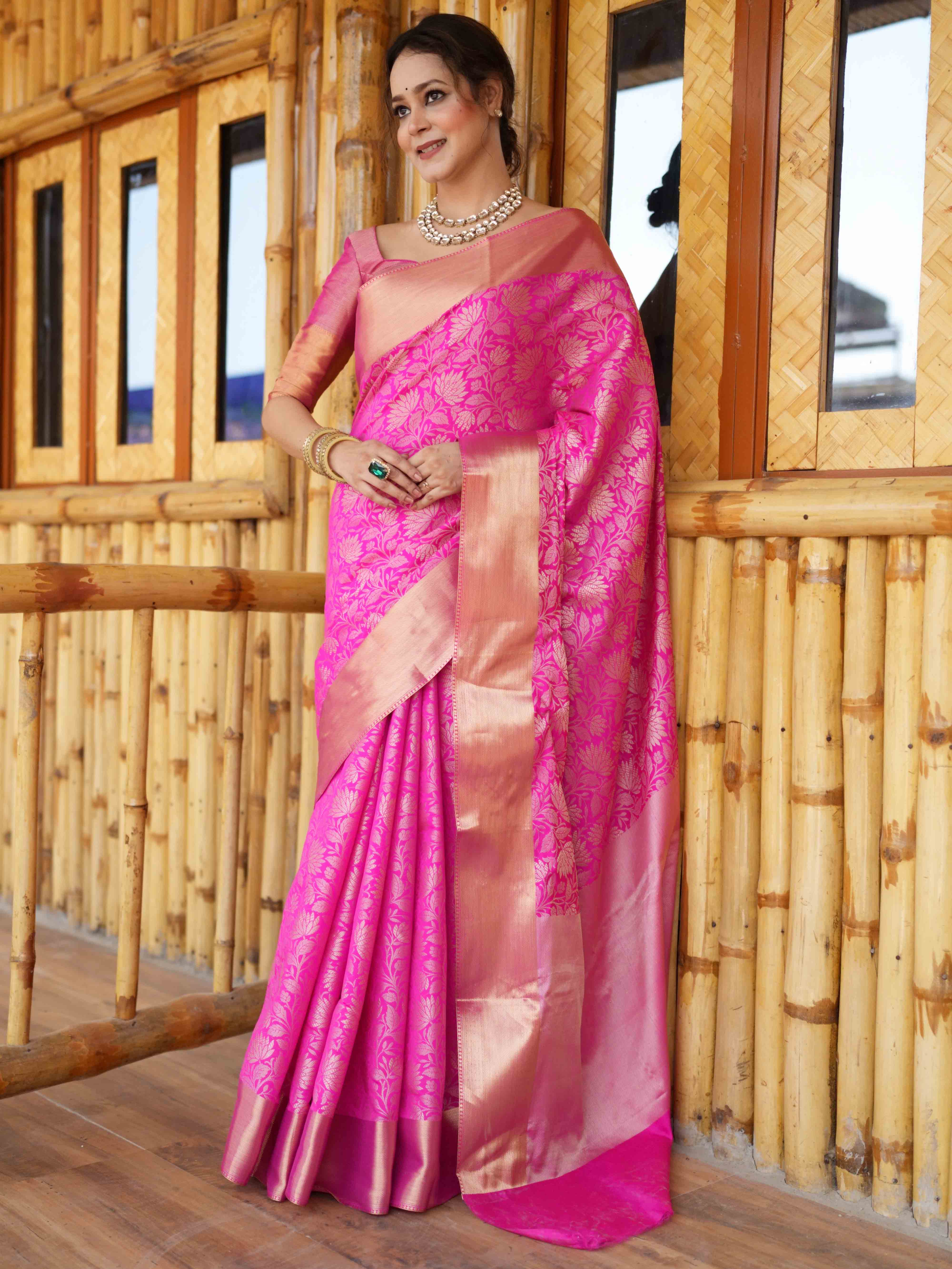 Banarasee Handwoven Semi Silk Saree With Zari Jaal Design-Pink