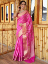 Banarasee Handwoven Semi Silk Saree With Zari Jaal Design-Pink