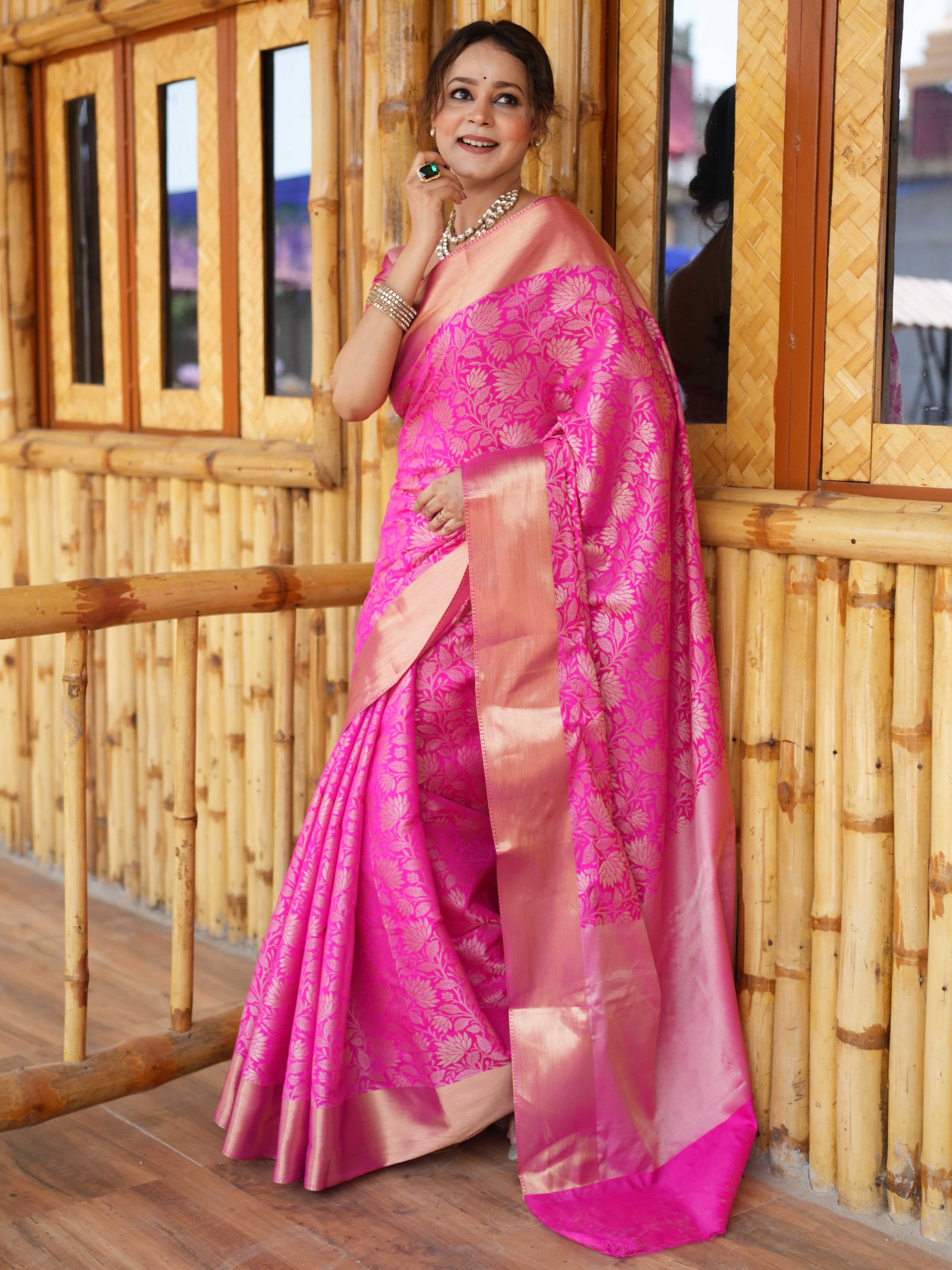 Banarasee Handwoven Semi Silk Saree With Zari Jaal Design-Pink