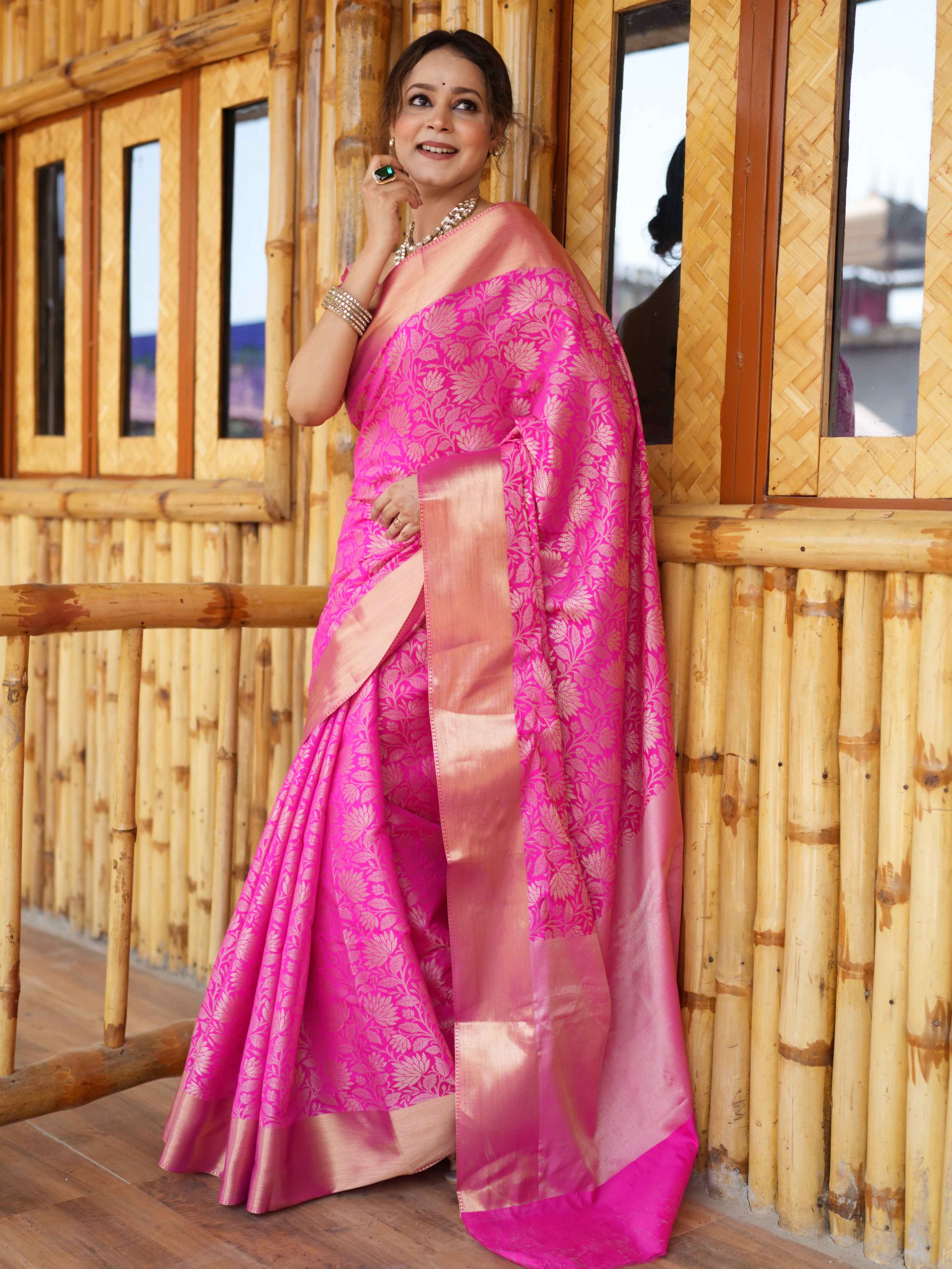 Banarasee Handwoven Semi Silk Saree With Zari Jaal Design-Pink