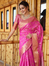 Banarasee Handwoven Semi Silk Saree With Zari Jaal Design-Pink