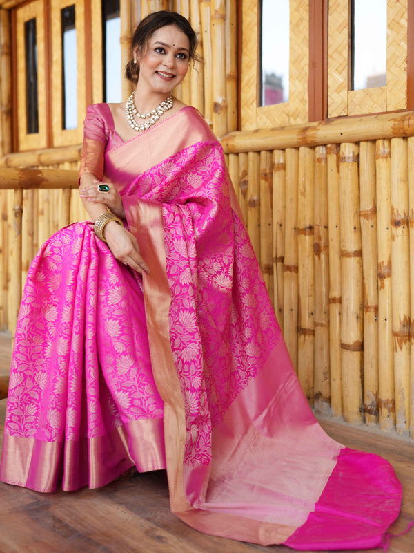 Banarasee Handwoven Semi Silk Saree With Zari Jaal Design-Pink