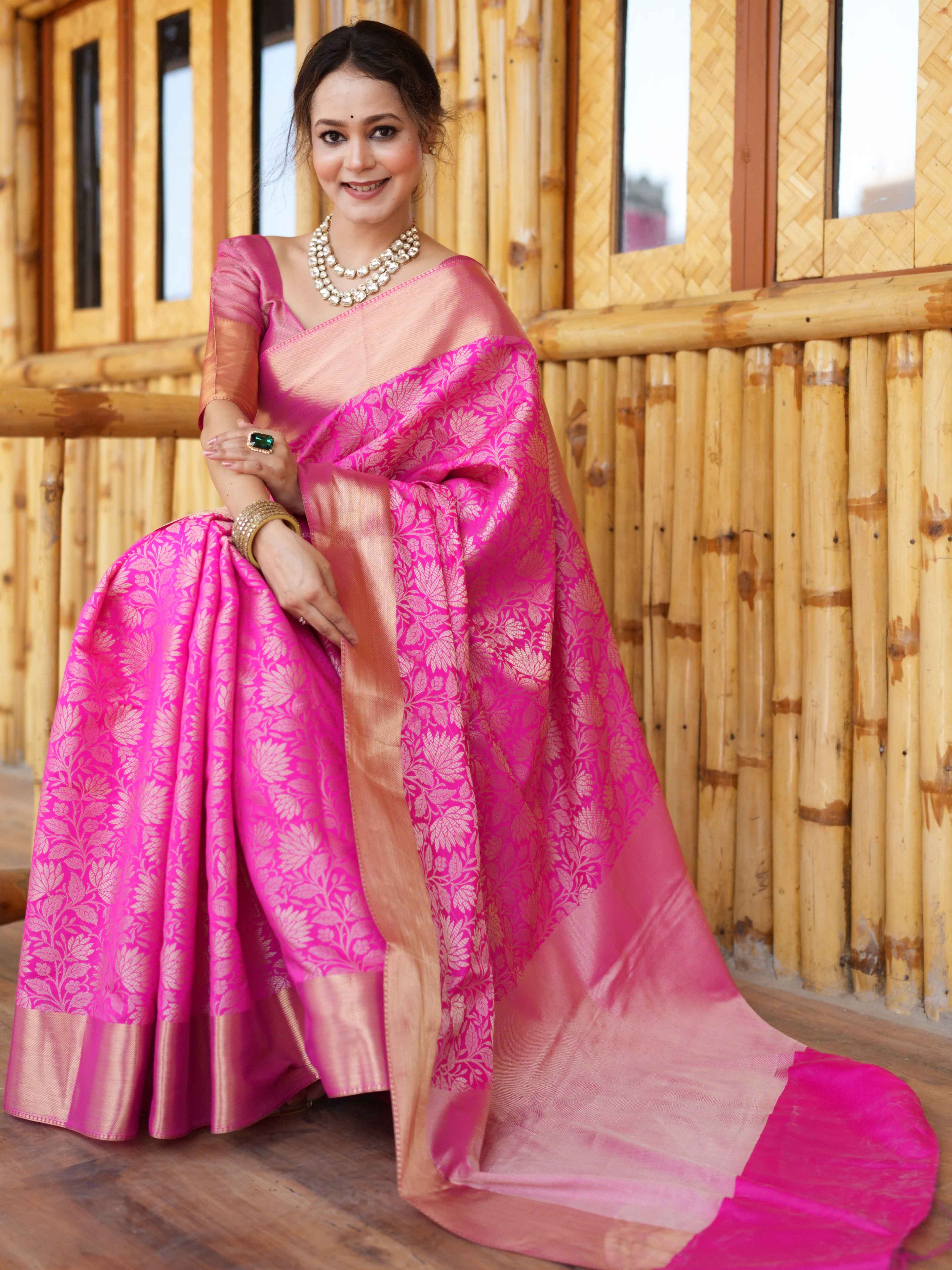 Banarasee Handwoven Semi Silk Saree With Zari Jaal Design-Pink