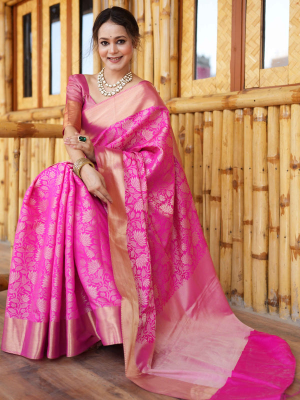 Banarasee Handwoven Semi Silk Saree With Zari Jaal Design-Pink