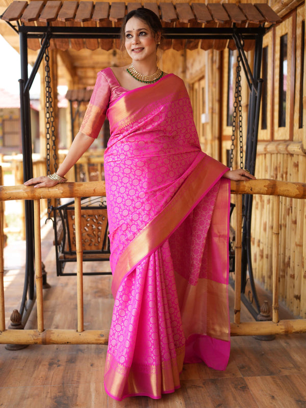 Banarasee Handwoven Semi Silk Saree With Zari Jaal Design-Pink