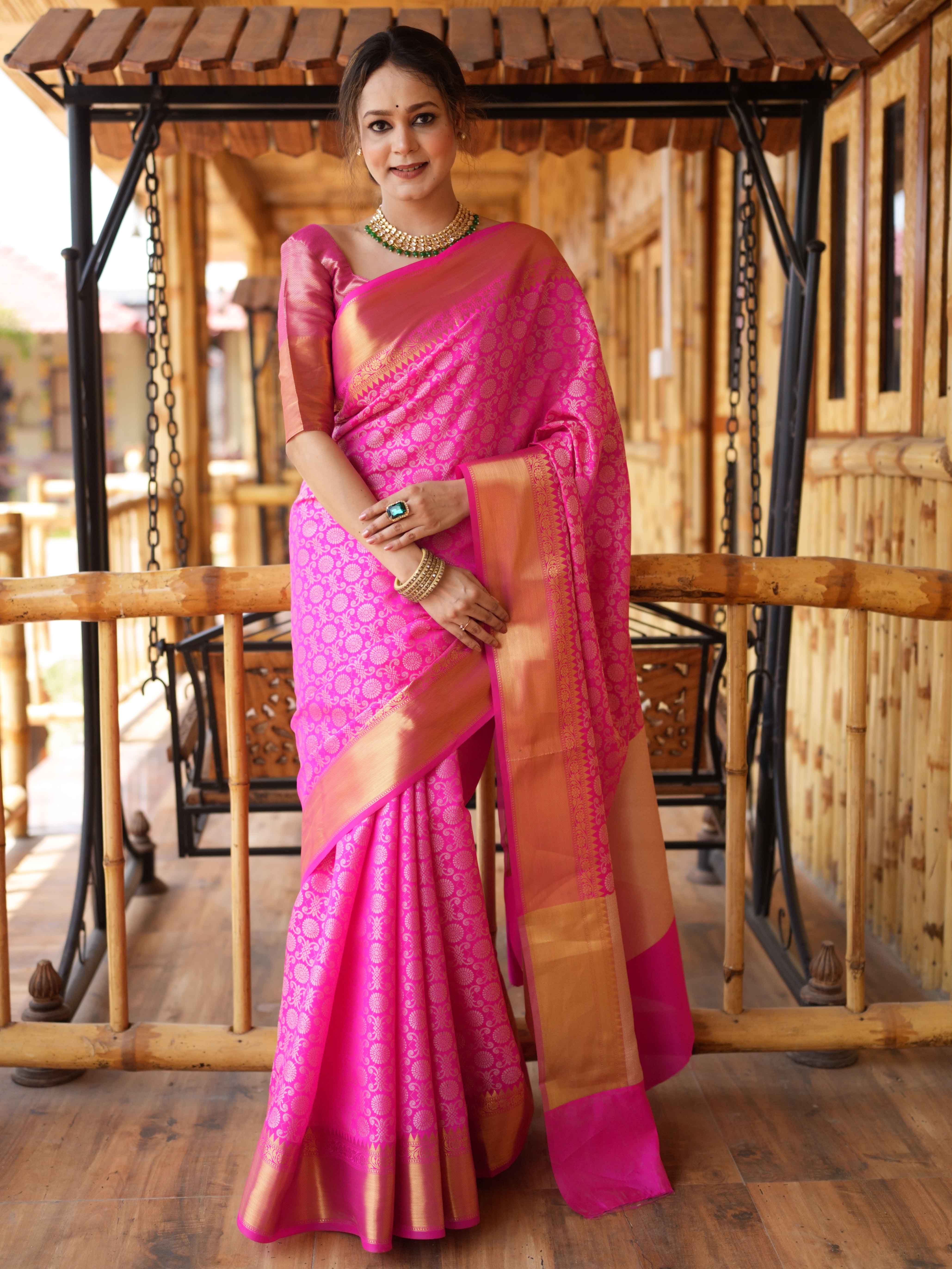 Banarasee Handwoven Semi Silk Saree With Zari Jaal Design-Pink