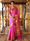 Banarasee Handwoven Semi Silk Saree With Zari Jaal Design-Pink