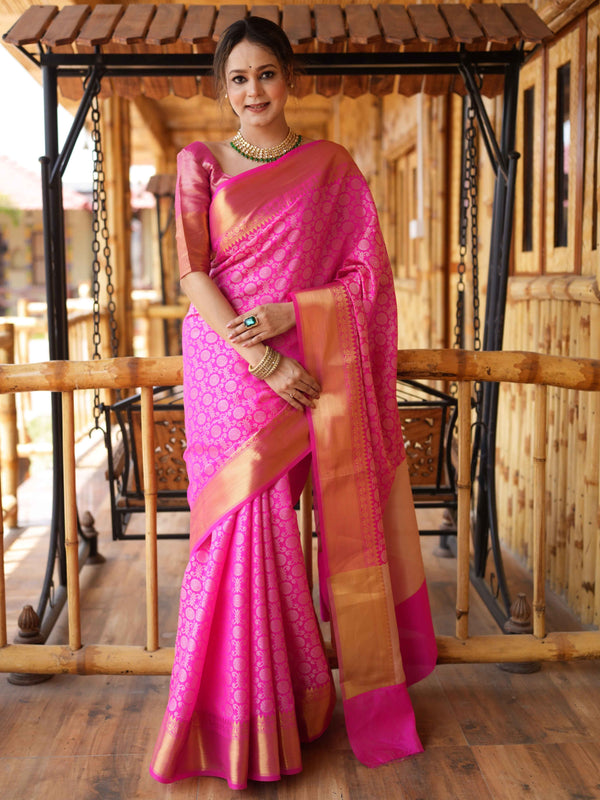 Banarasee Handwoven Semi Silk Saree With Zari Jaal Design-Pink