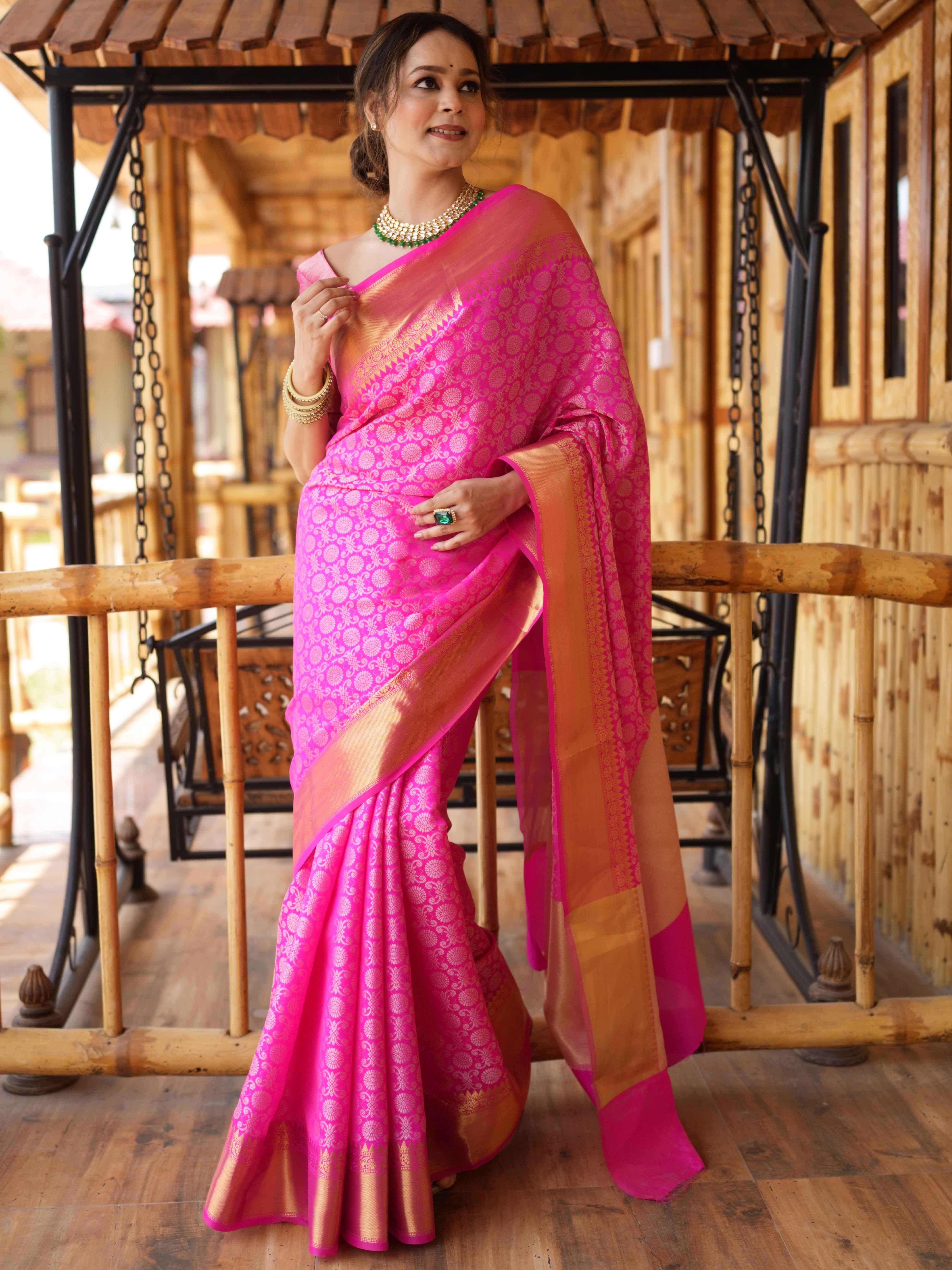 Banarasee Handwoven Semi Silk Saree With Zari Jaal Design-Pink