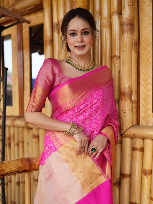 Banarasee Handwoven Semi Silk Saree With Zari Jaal Design-Pink