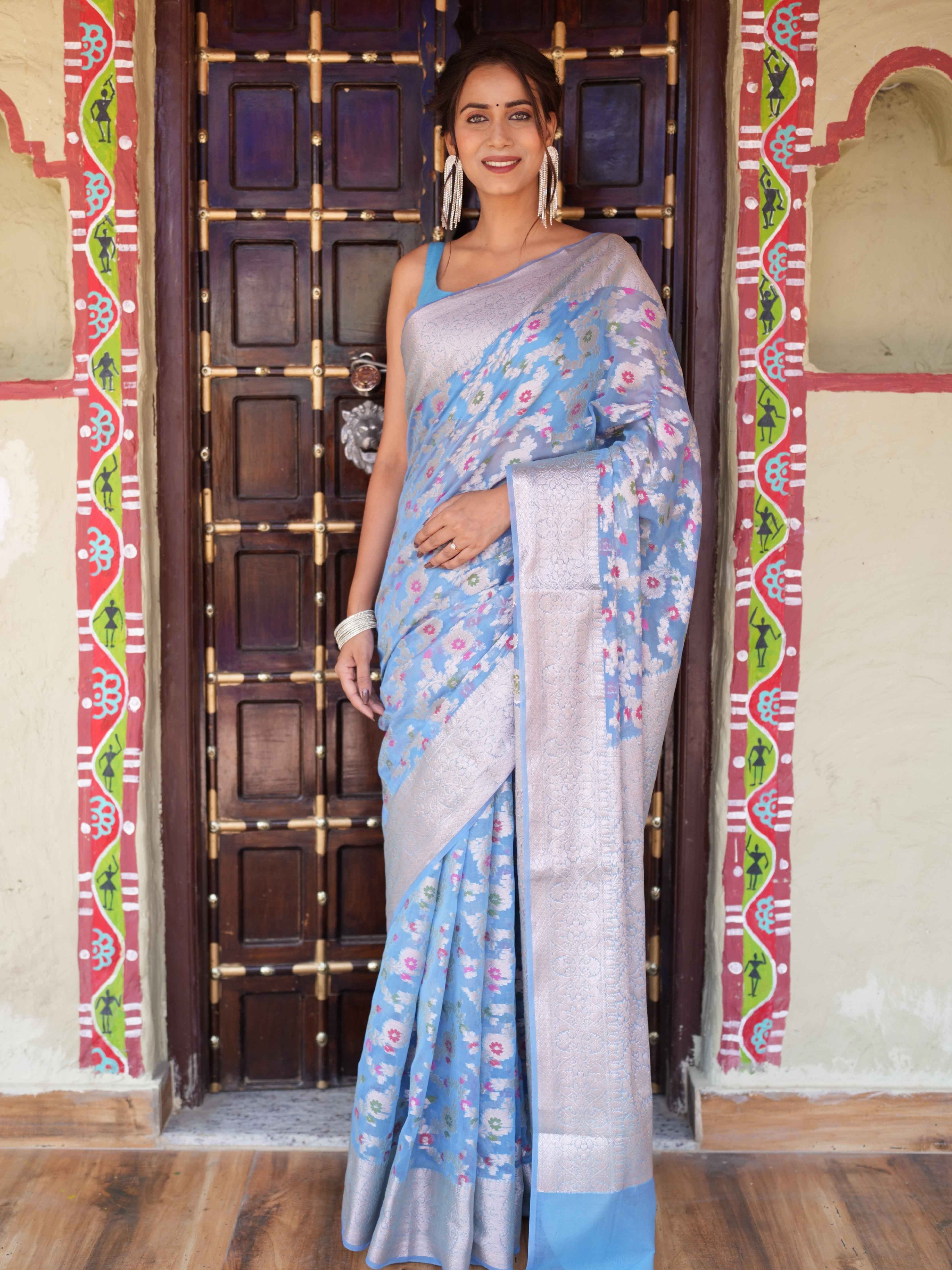 Banarasee Faux Georgette Saree With Gold Zari & Resham Jaal Work-Pastel Blue