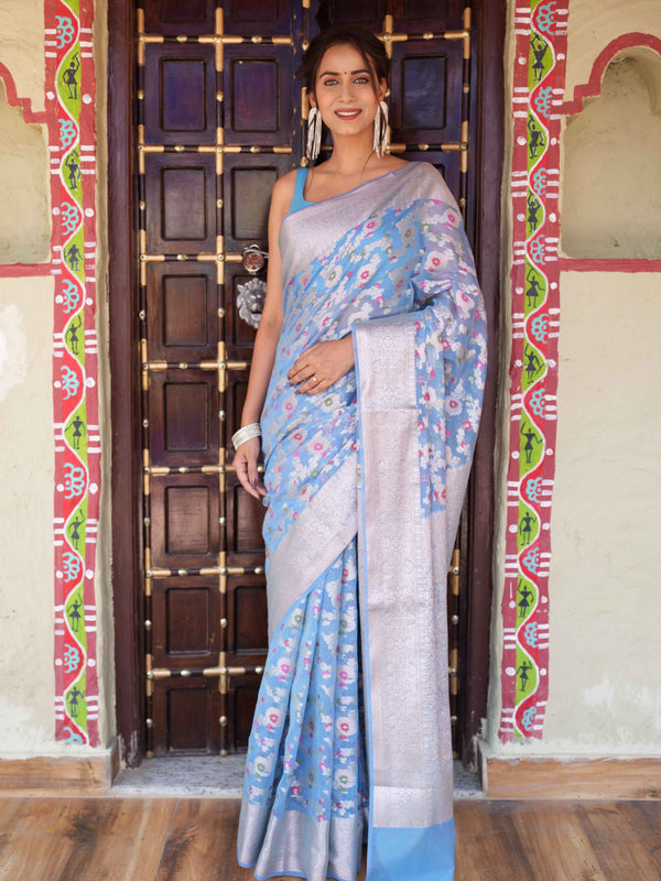 Banarasee Faux Georgette Saree With Gold Zari & Resham Jaal Work-Pastel Blue