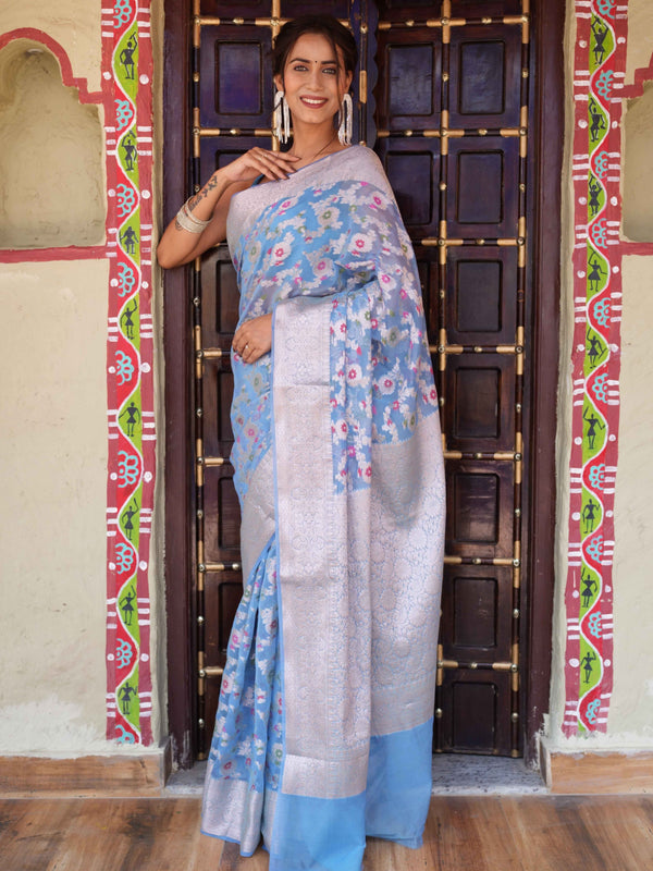 Banarasee Faux Georgette Saree With Gold Zari & Resham Jaal Work-Pastel Blue