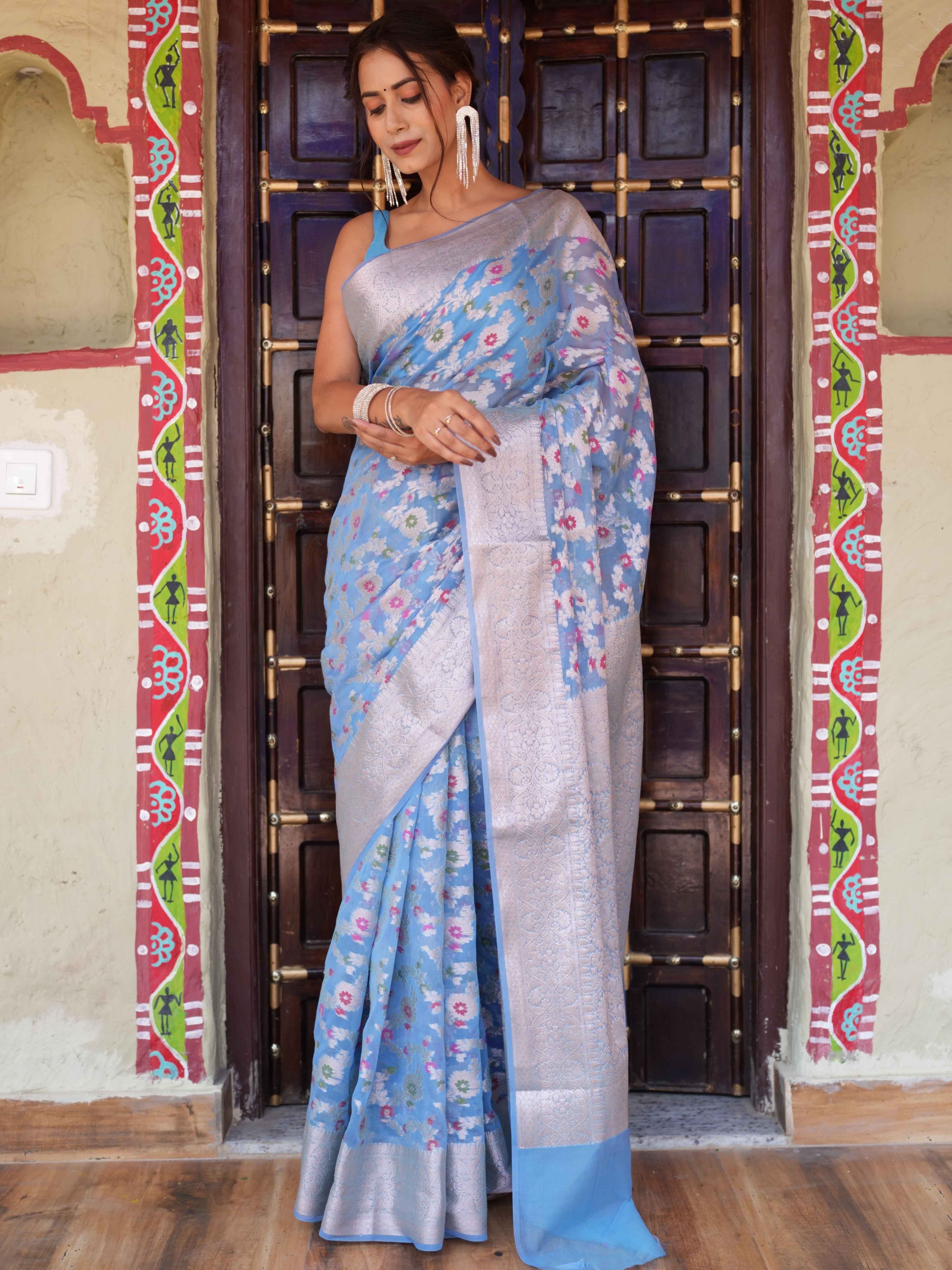 Banarasee Faux Georgette Saree With Gold Zari & Resham Jaal Work-Pastel Blue