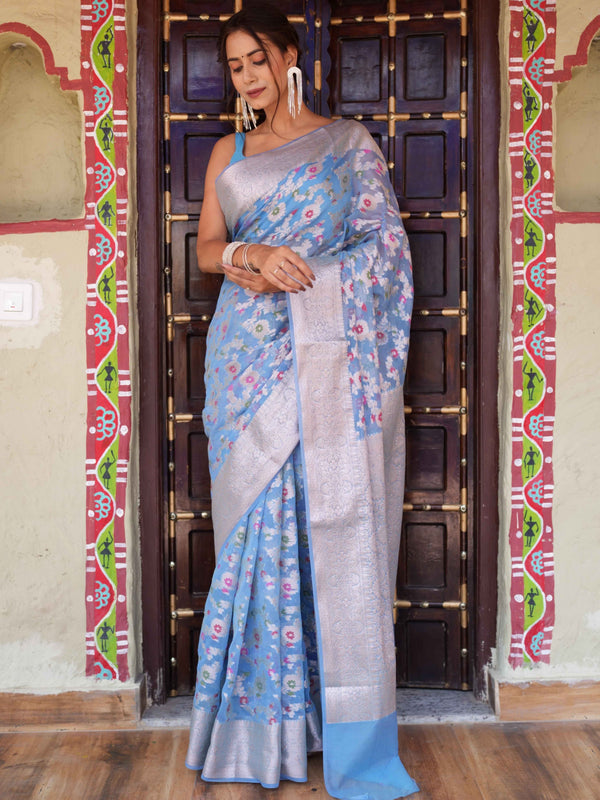 Banarasee Faux Georgette Saree With Gold Zari & Resham Jaal Work-Pastel Blue